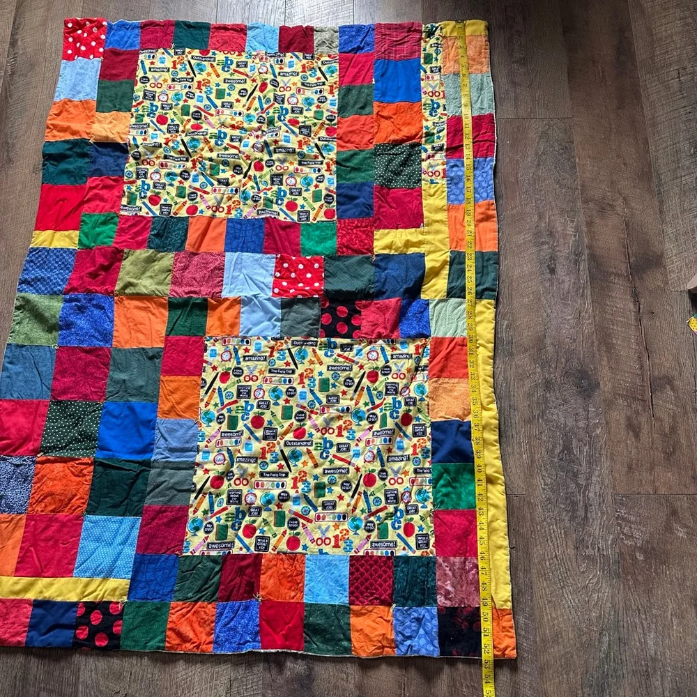 Multicolor Patchwork Twin Quilt with School Theme Handmade